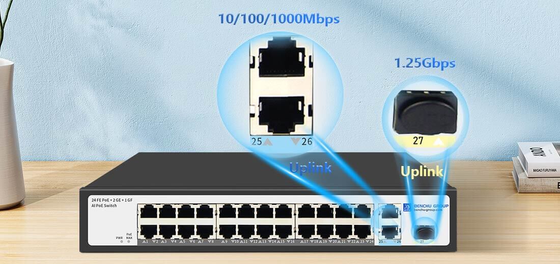 24 port 10/100M poe switch gigabit uplink