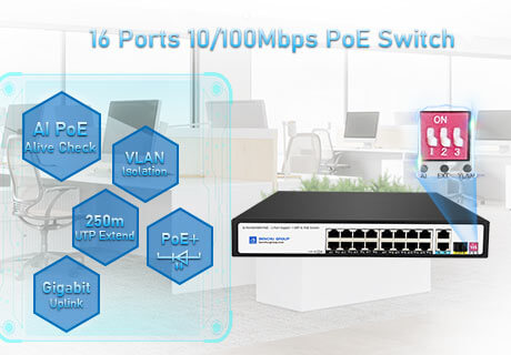 16 Ports Unmanaged PoE+ Switch, With 2 Gigabit RJ45 and 1Gigabit SFPUplink, SP5210-16PFE2GE1GF