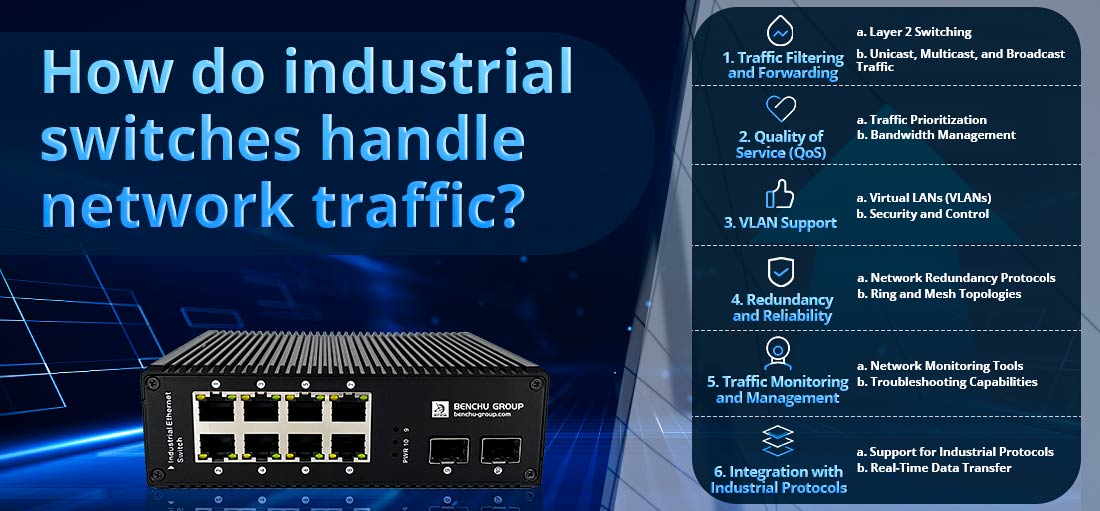 How do industrial switches handle network traffic?