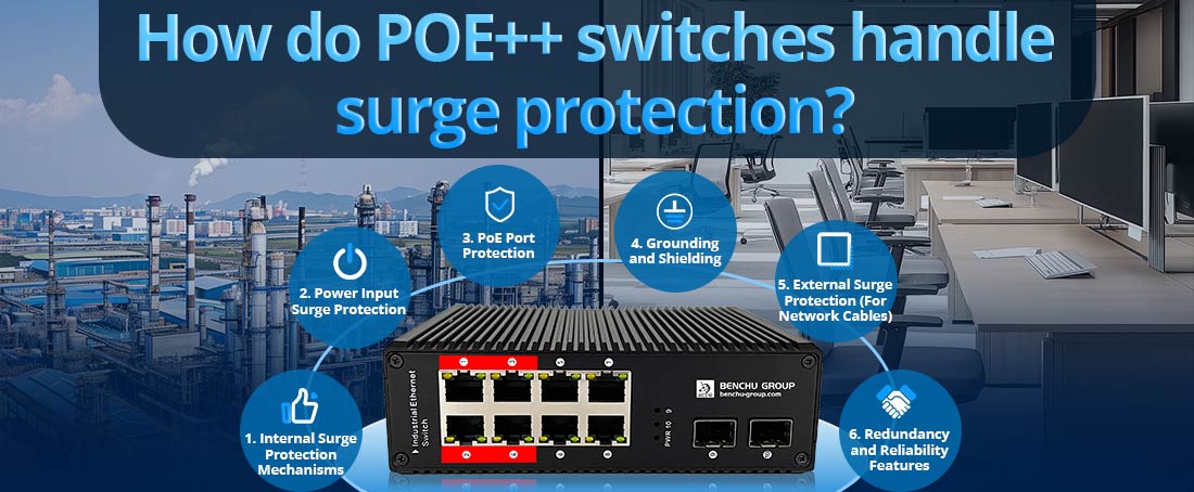 How do POE++ switches handle surge protection?