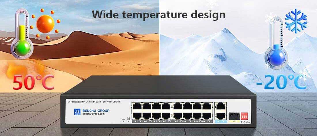 16 ports 10/100M PoE Switch Wide temperature design