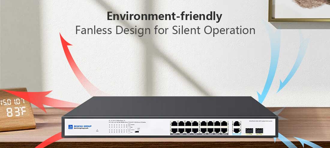 16 ports 10/100M fanless PoE SWITCH WITH 2gigabit combo 