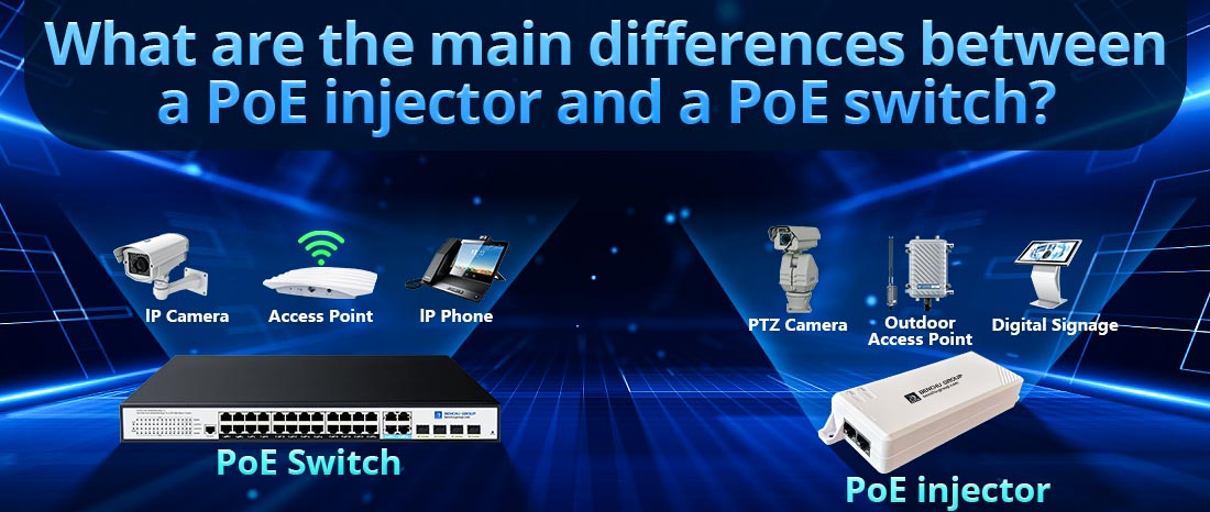 What are the main differences between a PoE injector and a PoE switch?