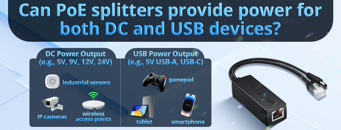 Can PoE splitters provide power for both DC and USB devices?